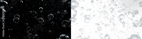 Tableau sur toile Bubbles rise in a water setting isolated on transparent and black background wit