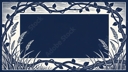 Vintage indigo blue linocut style square frame with thorny vines and wild grass elements on a cream background