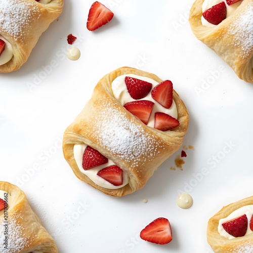 Fresh puff pastries filled with berries and served with strawberries, raspberries, blueberries and currants. Homemade sweet bakery products isolated on a light background.