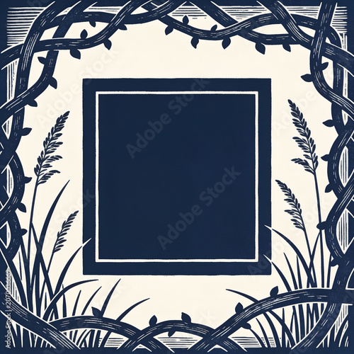 Vintage indigo blue linocut style square frame with thorny vines and wild grass elements on a cream background