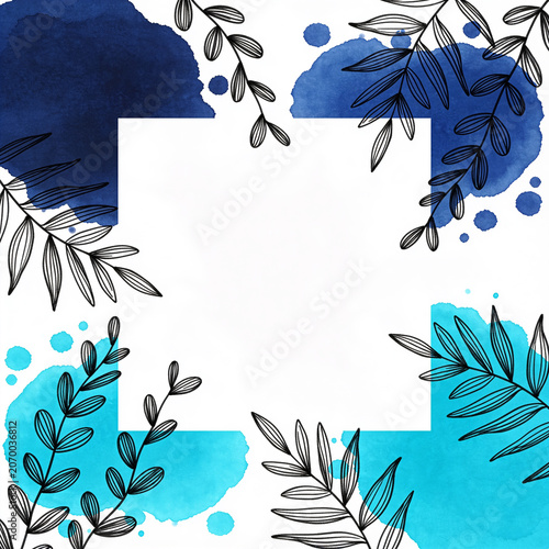 Artistic watercolor frame with abstract blue stains and black line art leaves surrounding a blank square center