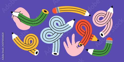 Φωτογραφία Vector set of colorful curved flexible twisted pencil illustration on purple background