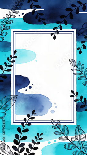 Artistic watercolor frame with abstract blue stains and black line art leaves surrounding a blank square center
