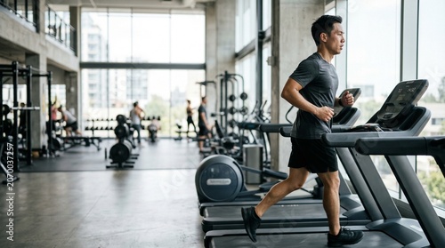 Young Asian man running on treadmill in modern gym with large windows.