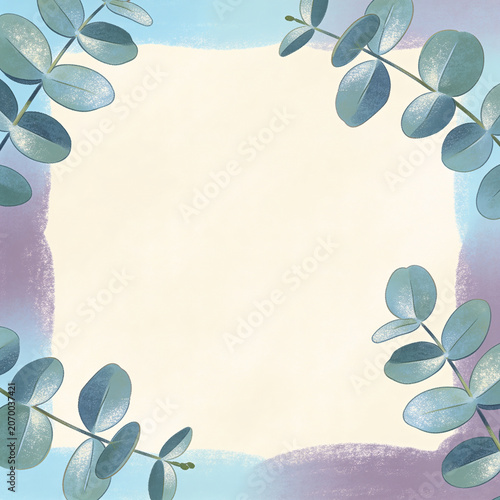 Elegant eucalyptus branches frame with soft purple and blue watercolor gradient on a warm cream background