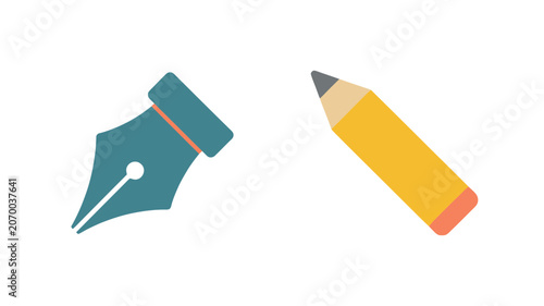 Writing instrument vector illustration showing a professional fountain pen nib and a classic yellow graphite pencil