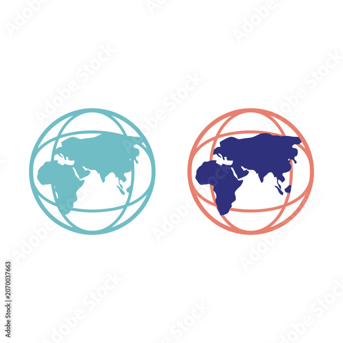 Global communication concept with two stylized earth globe icons in teal and red color schemes