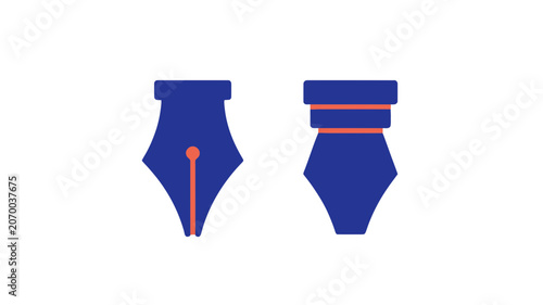 Pair of fountain pen nib vector icons in blue and orange colors for calligraphy and professional writing tools