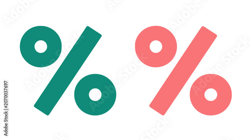 Two percent symbol icons in teal and coral colors isolated on white background for financial data and discounts