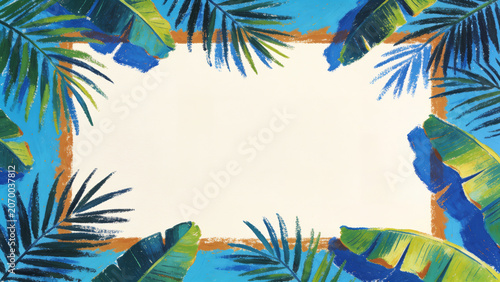 Vibrant oil painting tropical frame with artistic banana and palm leaves on a bright blue background