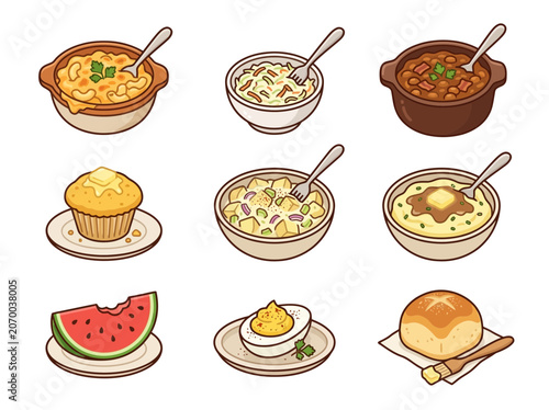 A charming collection of classic American comfort food dishes including macaroni and cheese, potato salad, mashed potatoes, and a muffin
