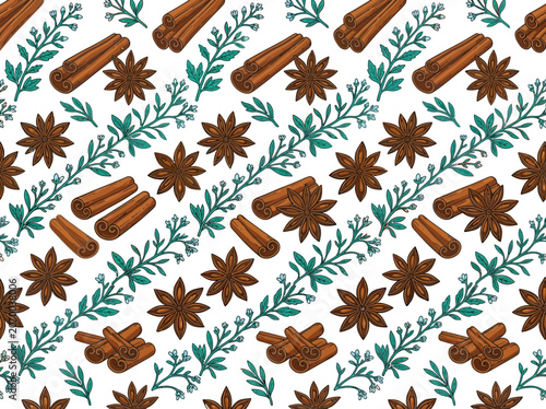 Warm Aromatic Spices Pattern Featuring Cinnamon Sticks and Star Anise with Delicate Greenery