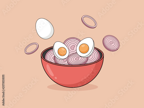 Whimsical illustration of a red bowl overflowing with sliced red onions, topped with two halves of a hard-boiled egg, with a whole egg and onion rings floating around.