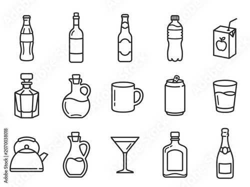A collection of diverse drink and beverage containers in a clean icon set