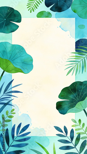 Watercolor botanical frame background with tropical green lotus leaves and blue ink splatters around a blank square text space