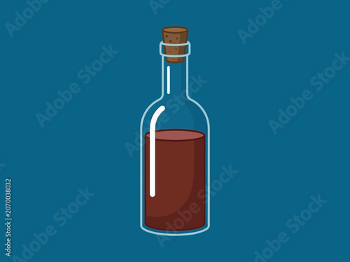 A corked glass bottle filled with dark red liquid