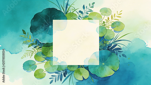 Watercolor botanical frame background with tropical green lotus leaves and blue ink splatters around a blank square text space