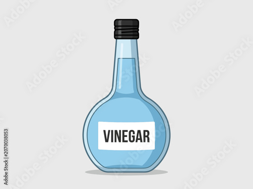 A light blue glass bottle filled with clear liquid labeled VINEGAR, with a black cap