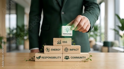 Businessman adding the 'Innovation' block to a wooden pyramid representing ESG, Energy, Impact, Responsibility, and Community concepts.