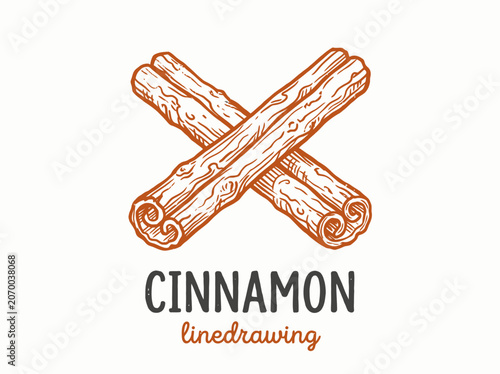 A line drawing illustration of two cinnamon sticks crossed over each other, with the word cinnamon below.