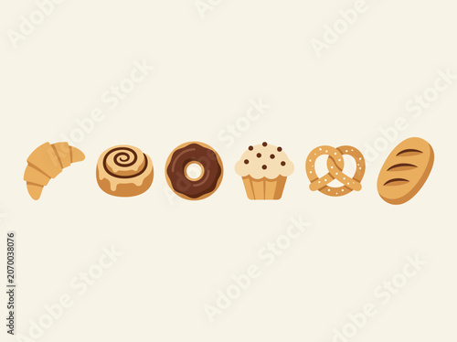 A selection of delicious baked goods including a croissant, cinnamon roll, donut, cupcake, pretzel, and bread.