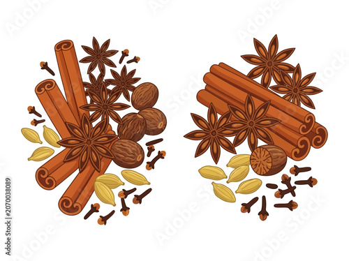 Assortment of Whole Spices Including Cinnamon, Star Anise, Nutmeg, Cloves, and Cardamom
