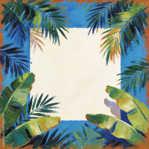 Vibrant oil painting tropical frame with artistic banana and palm leaves on a bright blue background