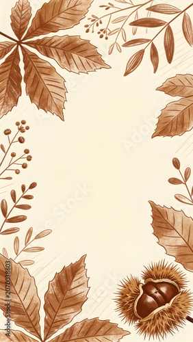 Hand drawn autumn frame background with brown chestnut leaves and prickly burrs on a vintage paper texture surrounding a vertical blank space