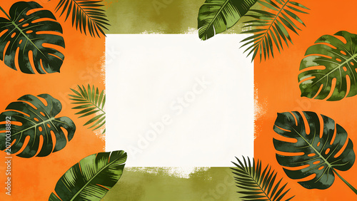 Tropical monstera and palm leaves frame background with vibrant orange watercolor texture surrounding a vertical blank copy space
