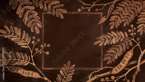 Chalkboard style dark brown botanical frame background with hand drawn golden leaves and seed pods surrounding a square copy space