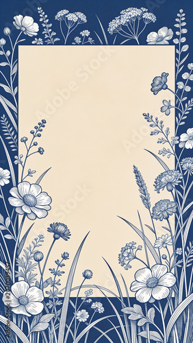 Classic line art floral frame background with hand drawn navy blue wildflowers on a vintage ivory canvas around a horizontal blank space