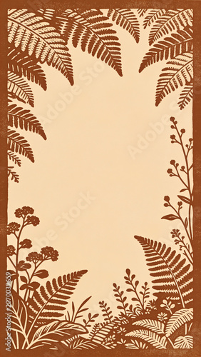 Vintage linocut botanical frame background with hand drawn brown fern leaves and meadow wild grass surrounding a horizontal blank space
