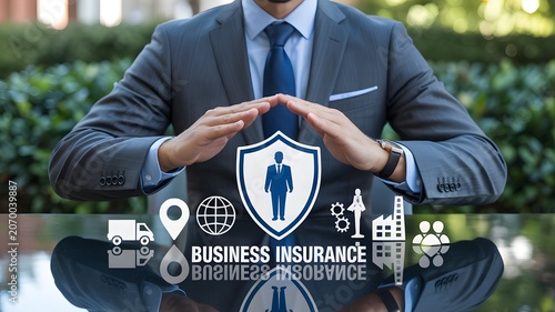 Businessman in Suit Protecting Business with Shield Icon Representing Insurance and Security Services