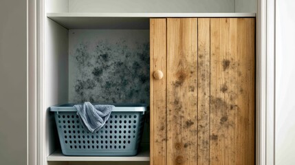 Storage area with a laundry basket and a closed wooden cabinet showing signs of mold growth