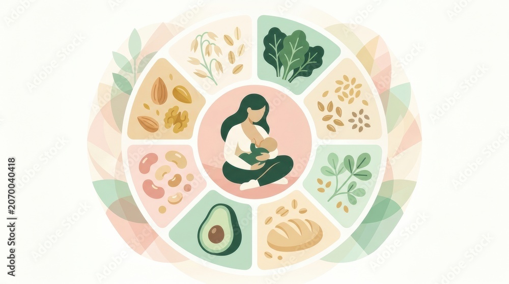 Fototapeta premium Mothers are shown nursing their babies while considering diet choices that aid in healthy lactation and support infant nutrition.