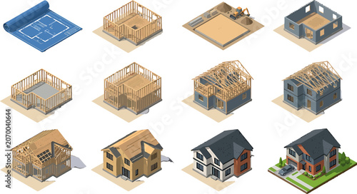 Isometric house construction stages set showing building process from blueprint to finished residential home vector illustration