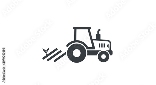 Minimalist tractor plowing a field illustration on a white background icon for agriculture