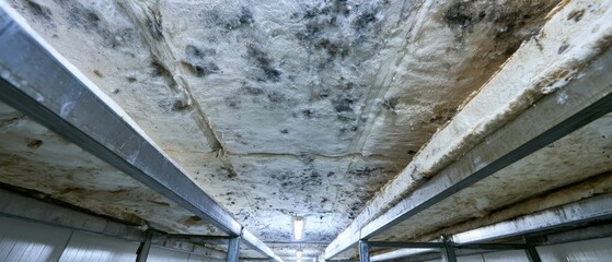 Ceiling shows signs of mold growth in a storage space taken during the day