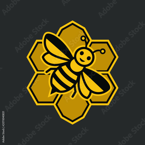 A stylized graphic illustration of a small bee resting on a golden honeycomb pattern