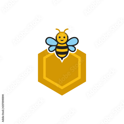 A cute cartoon bee hovering above a golden hexagonal honeycomb cell icon
