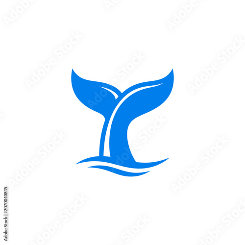 A minimalist blue graphic illustration of a large aquatic mammal tail fin