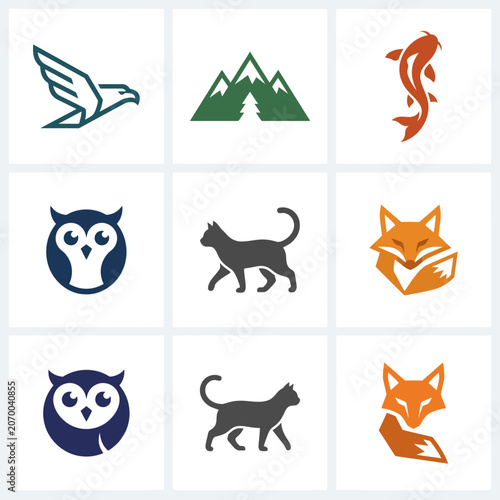 A collection of minimalist animal and nature icons arranged in a grid