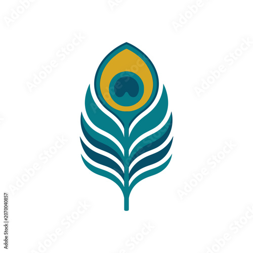 A stylized graphic illustration of a colorful bird feather