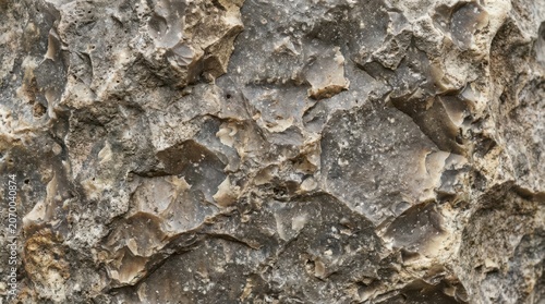 Close up of rough grey flint stone texture with sharp conchoidal fractures for geological background or natural stone material design and construction projects