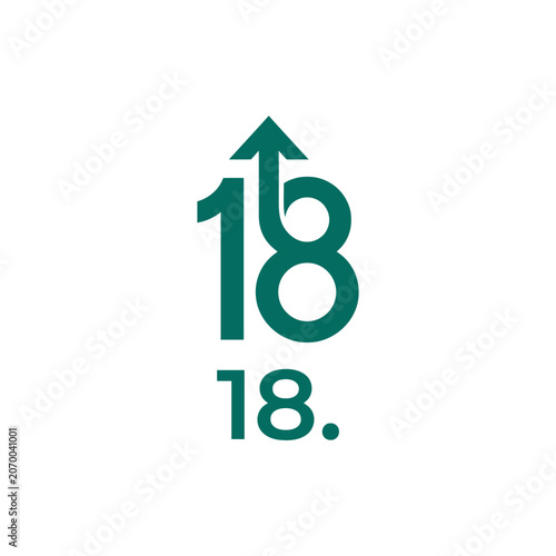 A minimalist graphic design featuring the number eighteen with an upward arrow
