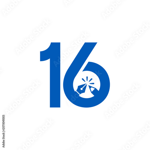 A blue graphic design icon featuring the number sixteen with a pen tool