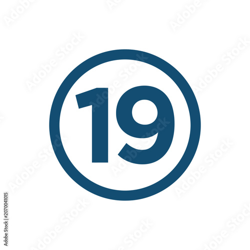 A dark blue circular icon featuring the number nineteen centered inside