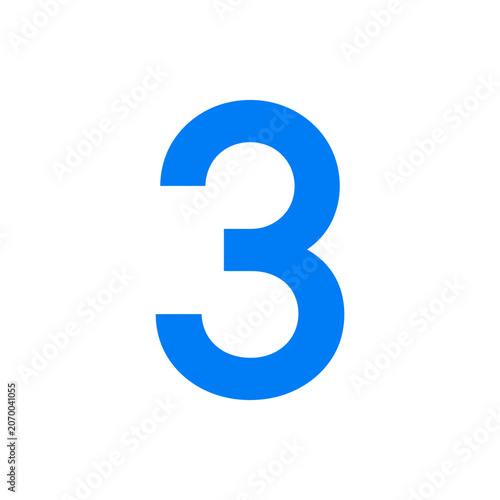 A bold blue number three isolated on a clean white background
