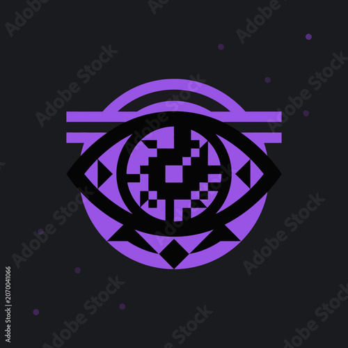 A stylized digital graphic featuring a geometric eye symbol on a dark background