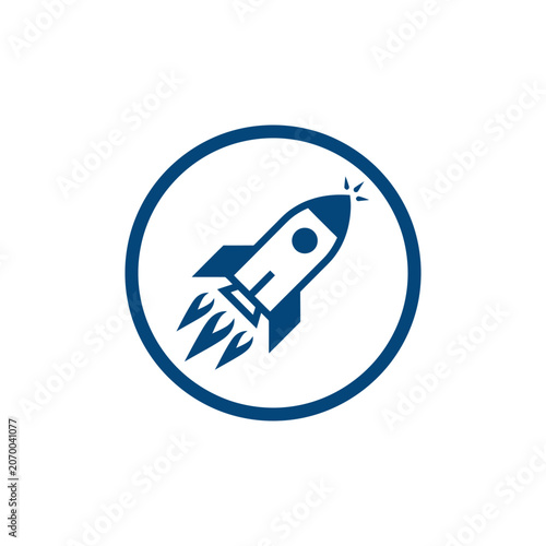 A simple blue icon depicting a rocket ship launching into space
